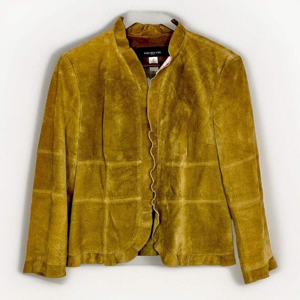 Y2K Women's 100% Suede Ruffle Petite Avocado Green Blazer Ruffle Front - Size PM